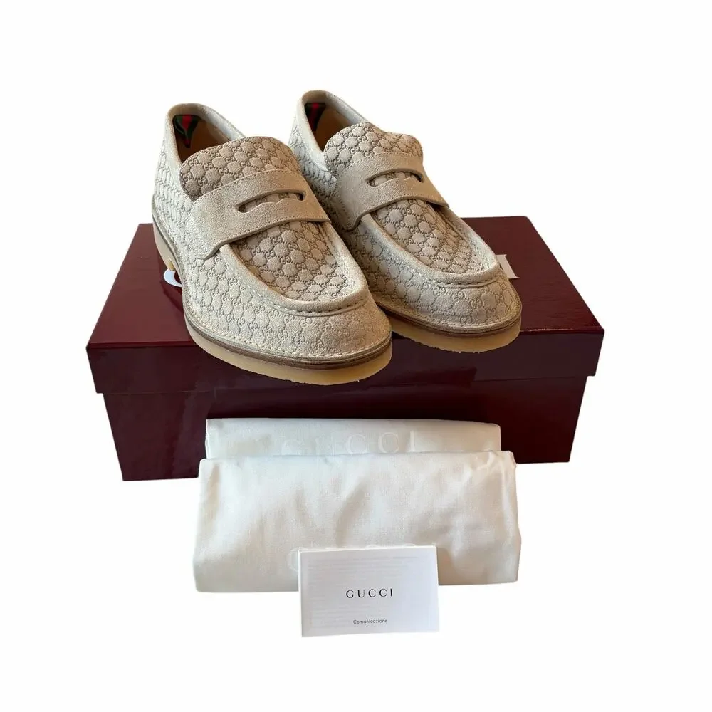 Gucci Web GG Monogram Suede Loafers Beige 831289 Mens 11.5 US 12 NEW